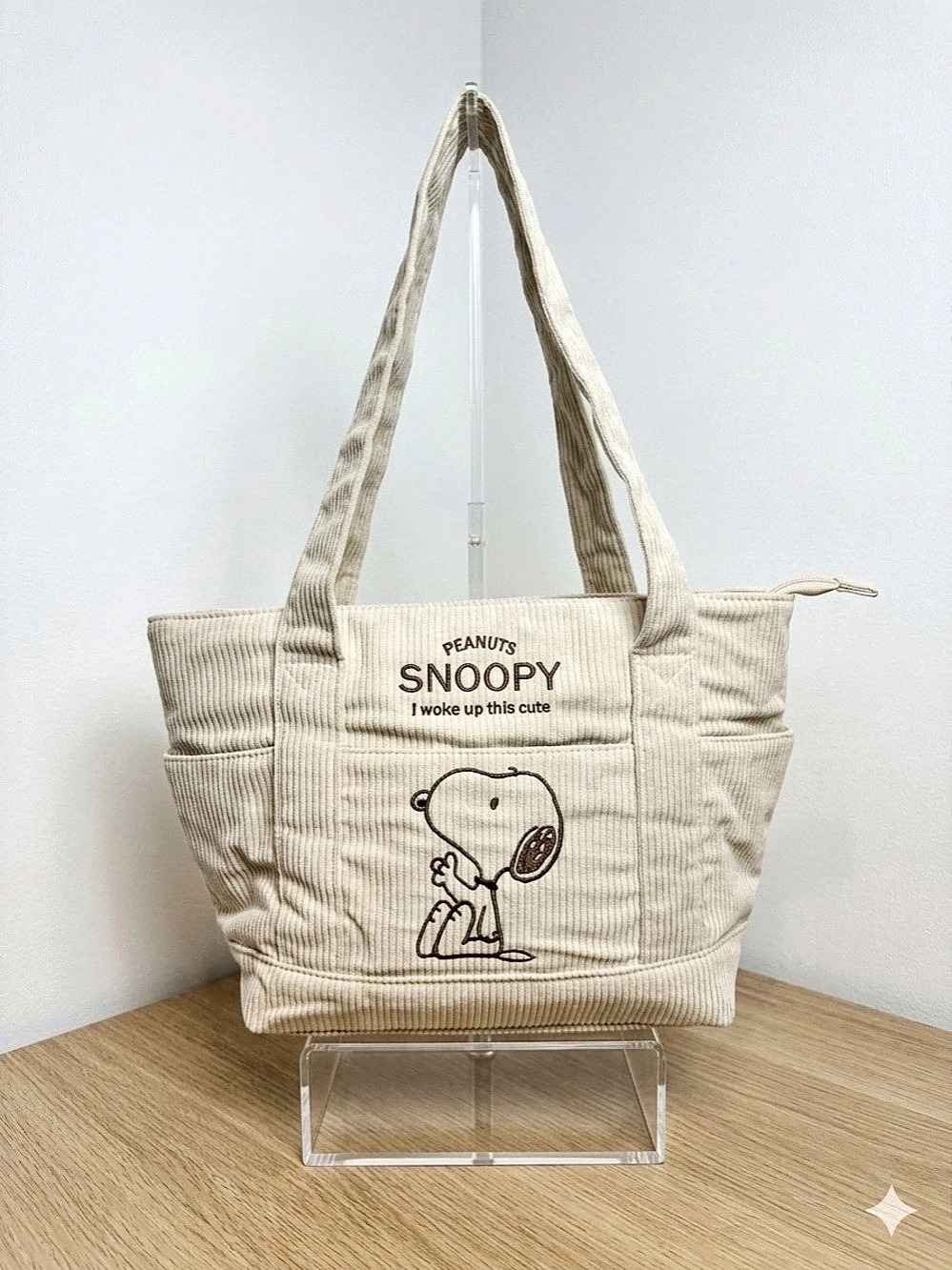 Peanuts Snoopy Corduroy Tote Bag - I Woke Up This Cute in Cream with Brown Embro